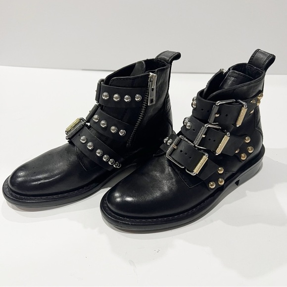 Zadig Voltaire Laureen Buckle Leather Studded Ankle Boot Black Size 36 US 5 - Picture 1 of 11